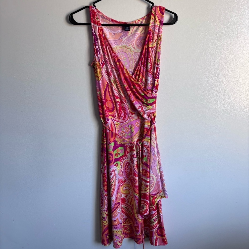 Chaps warm color Paisley print wrap V Neck Dress size Medium
